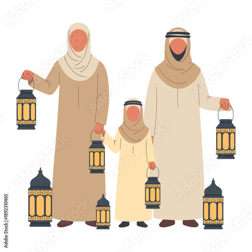 Family with Lanterns: Depicting a Muslim family dressed in traditional attire, they hold ornate lanterns, illuminated by a warm glow, against a simple backdrop. A symbol of unity, faith.