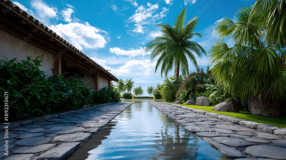 Fototapeta premium Scenic Villa Front Yard Featuring Lush Palm Trees and Serene Stone Pathway Under a Bright Sky