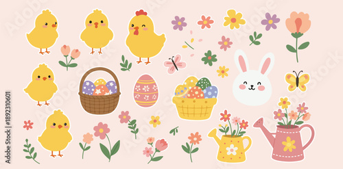 Easter decorations with chicks bunnies flowers baskets and eggs on a pink background for spring holiday