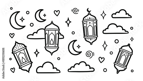 Lunar Lights in Silhouette: A captivating silhouette art design, featuring an array of lanterns, crescent moons, and stars in a captivating display.