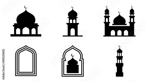Islamic Architectural Silhouettes: A collection of meticulously crafted, stark black silhouettes of iconic mosque elements, showcasing the elegance of Islamic architecture.