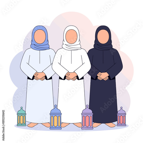 Unity in Prayer: Three figures in modest attire stand together, exuding a sense of tranquility and spiritual harmony. Colorful lanterns create a soft glow that accentuates the serene mood.