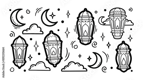 Islamic Lanterns and Celestial Display: Intricate designs depict various lanterns, each emitting a soft glow, amidst crescent moons, clouds, and stars, evoking a sense of serenity.