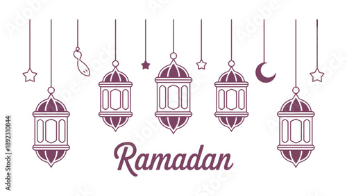 Ramadan Lanterns: Artistic illustration captures the essence of the Ramadan celebration. Elegant lanterns, a crescent moon, and stars are intricately presented, evoking the spirit of unity.
