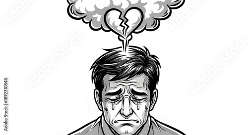 A poignant black and white illustration captures a man's deep sorrow, tears streaming down his face, with a broken heart cloud symbolizing intense emotional pain.