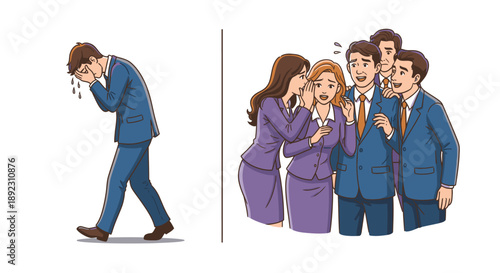 A man in despair walks away from whispering colleagues, vividly portraying the painful reality of workplace gossip, social exclusion, and its emotional toll.