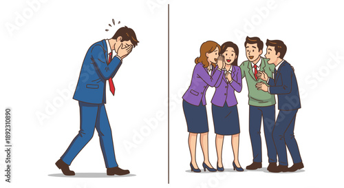 A lonely businessman covers his face in despair, while a group of colleagues on the right mock and laugh at his misfortune, illustrating workplace bullying.