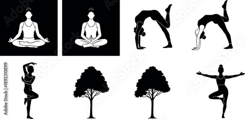 Yoga and meditation silhouettes set featuring female yoga poses tree pose stretching mindfulness exercises and nature tree silhouettes in black flat style for wellness and stock illustration use
