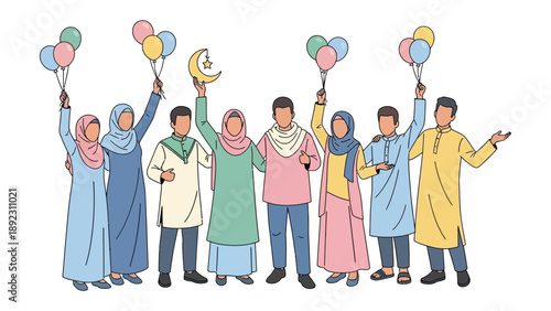 Celebration and Unity: A group of individuals, embracing diversity, gathers joyfully, sharing balloons, and a symbol of faith to commemorate a moment of togetherness and shared celebration.