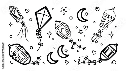 Decorative Elements for a Festive Event: Illustrative line art of lanterns, kites, crescent moons, and stars, perfect for celebratory designs and joyous occasions. 
