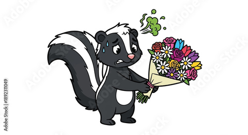 Nervous Skunk Holding a Bouquet of Flowers as a Romantic Gift
