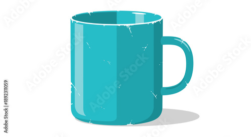 Turquoise scratched mug with handle isolated on white background, featuring light shadows and a minimalist design