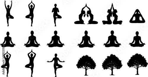 Yoga and meditation silhouettes set with standing and seated poses, group mindfulness figures and symbolic trees isolated on white background for wellness and fitness design