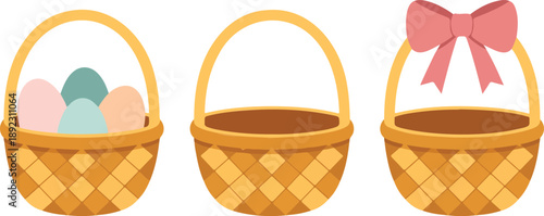 Easter Woven Basket Outline Icons Set Eggs, Spring Bow, and Holiday Treats