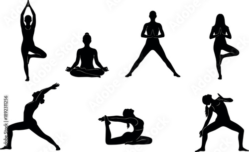 Yoga pose silhouettes collection featuring diverse asanas, meditation and positions, female fitness figures isolated on white background for wellness, mindfulness and healthy lifestyle concepts