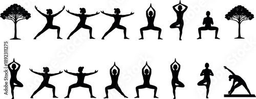 Yoga pose silhouettes collection featuring warrior, tree, squat and balance asanas, meditation fitness exercises, mindful wellness lifestyle figures isolated on white background
