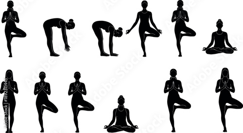 Yoga pose silhouettes of women practicing meditation, balance and stretching exercises isolated on white background for wellness, fitness and mindfulness design concepts