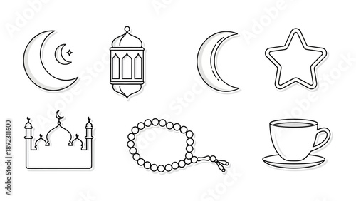 Ramadan Iconography: A collection of simple line illustrations capturing the essence of Ramadan, including a crescent moon, traditional lantern, mosque, and prayer beads.