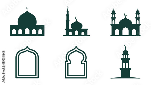 Islamic Architectural Icons: A collection of meticulously crafted silhouettes showcasing the iconic features of Islamic architecture, symbolizing spirituality, history, and cultural richness.