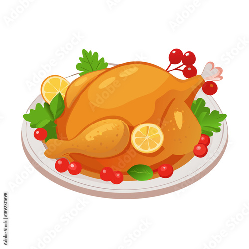 A delicious cartoon illustration of a fresh roasted turkey and chicken dinner with vegetables served on a white plate as an isolated vector meal for a Thanksgiving or grilled poultry lunch dish