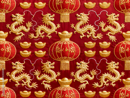 Luxury seamless Chinese New Year embroidery pattern with golden dragons, red lanterns, and lucky lion dance heads on premium red silk background.