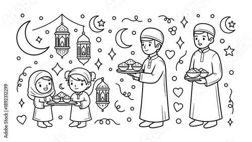Ramadan Celebration Illustration: A heartwarming illustration captures the essence of Ramadan, featuring a family sharing a festive meal under a crescent moon, lanterns and stars.