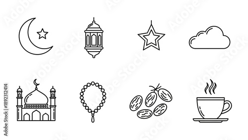 Ramadan Symbols: Collection of traditional Ramadan icons, elegantly drawn, embody the spiritual essence and celebratory spirit.