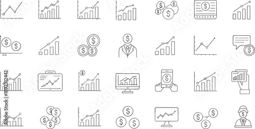 Financial Growth and Business Analytics Line Icon Set Showing Charts, Revenue Trends, Investments, Profit Analysis, and Economic Performance for Corporate Dashboards