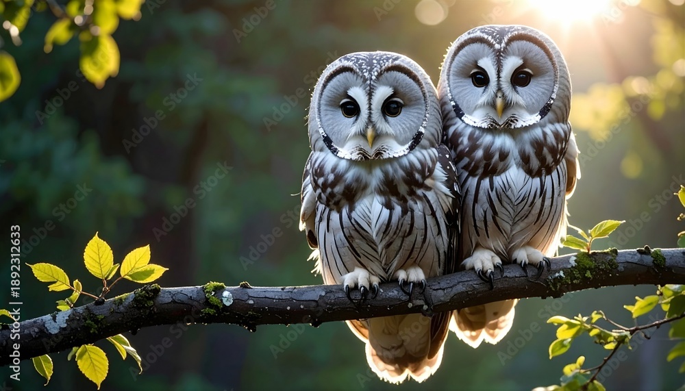 Fototapeta premium Zwei Habichtskauze – Nahaufnahme, sitzend auf einem Ast im Wald.