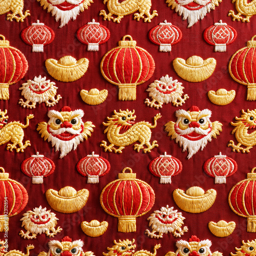 Ornate embroidery pattern with red lanterns and golden sycee ingots on red and white silk background.