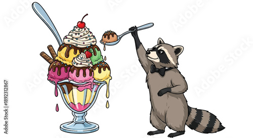 Greedy Raccoon Stealing a Scoop from a Giant Ice Cream Sundae