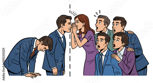 Whispering secrets spreads shock among a group, contrasting with a dejected individual, powerfully illustrating the damaging impact of office gossip.
