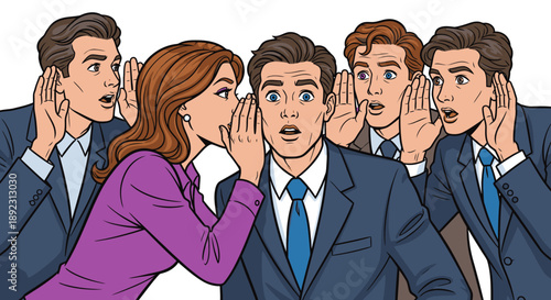 An illustration depicting a group of business professionals intently whispering and listening, symbolizing the spread of secrets, rumors, or crucial information.