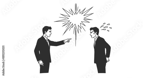 Two businessmen engage in a heated argument, with one pointing an accusing finger while the other reacts with visible anger and frustration.