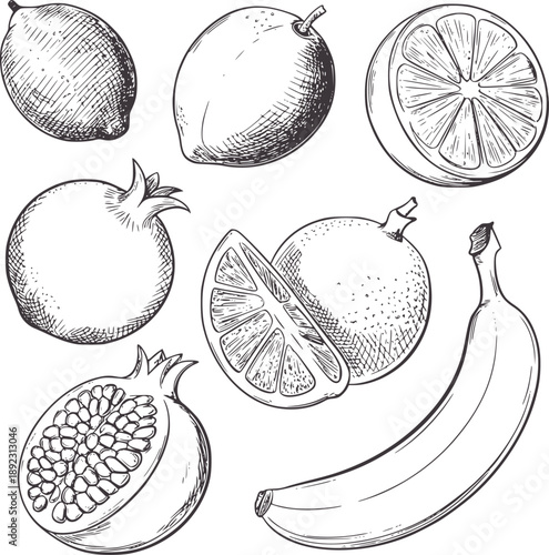 Black and of assorted fruits including lemon pomegranate orange and banana