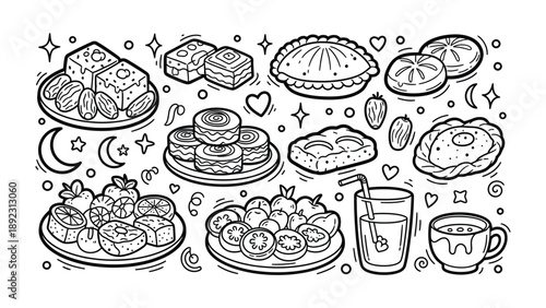 Delectable Delights: An intricate illustration showcasing a lavish array of delectable treats, encompassing diverse baked goods, fruits, and refreshing beverages.