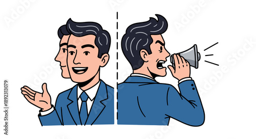 This illustration contrasts a businessman's calm, conversational approach with his aggressive, megaphone-amplified shouting, depicting varied communication strategies.
