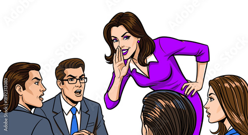 A vibrant pop art illustration captures a group of diverse individuals engaged in an animated discussion, with one woman sharing a secret.