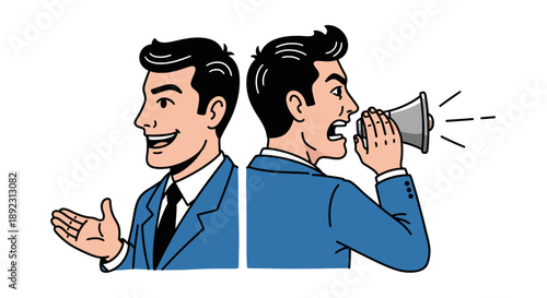 A retro-style illustration depicts two businessmen, one smiling and listening, the other shouting into a megaphone, symbolizing diverse communication strategies.