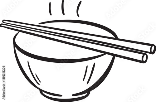 Steaming Bowl With Chopsticks Line Art Illustration