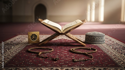 An open Quran, Prayer Essentials, A glimpse into Islamic and study.