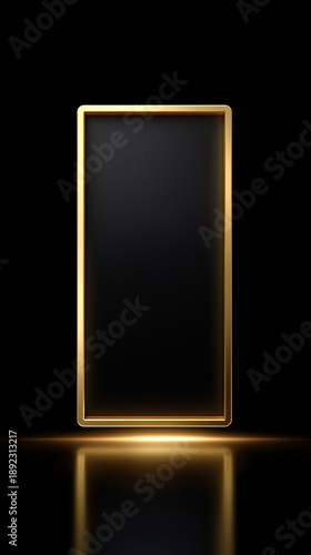 Eleganter goldener Rahmen auf schwarzem Hintergrund mit Lichtreflexion am Boden