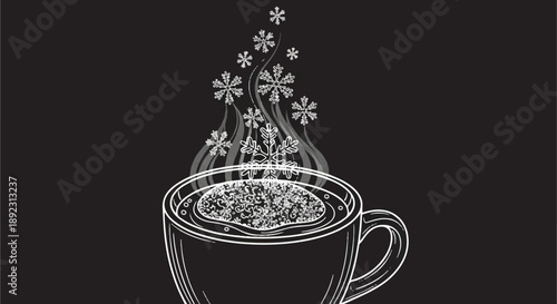 Minimalist Coffee Mug Line Art with Snowflake Steam on Black Background