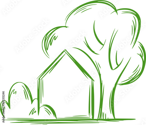 Green of a house nestled beside a large tree and bushes nature
