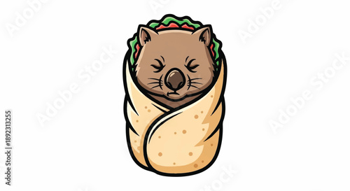 Cute Wombat Wrapped in a Flour Tortilla Burrito Sticker Illustration