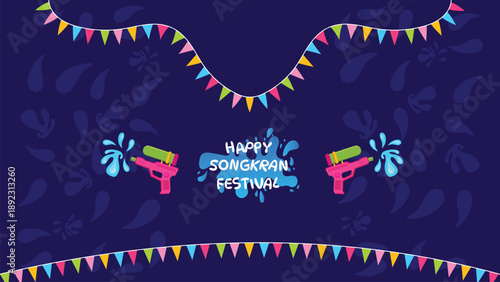 Minimalist Flat Songkran Thailand Celebration Template with Navy Violet Backdrop Water Sprays Colorful Pennant Garland and Greeting Text for Social Media