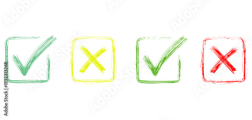 Hand drawn checkmarks and crosses in teal yellow green and red