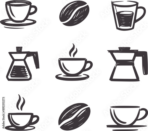 Hand drawn coffee featuring cups beans and coffee makers espresso