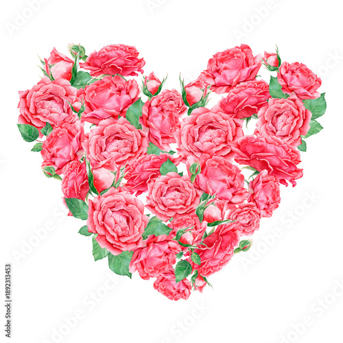 Wallpaper Mural Watercolor illustration of a heart of red roses for Valentine's Day, for wedding decoration. A bouquet of beautiful flowers is hand-drawn, isolated on a white background Torontodigital.ca