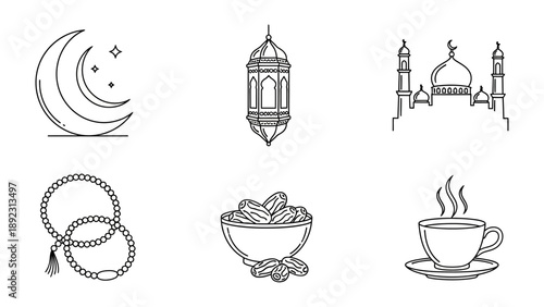 Islamic symbols: An array of artistic sketches of crescent moons, traditional lanterns, and sacred mosques evokes the rich symbolism of the Islamic faith.